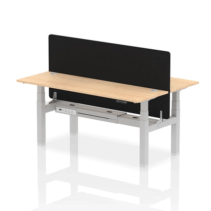 Air Back-to-Back Slimline Height Adjustable Bench Desk - 2 Person with cable ports and black straight screen W1800m maple top with silver frame