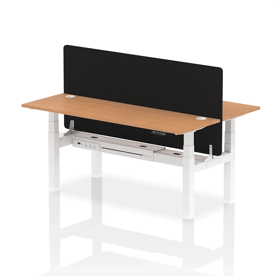 Air Back-to-Back Slimline Height Adjustable Bench Desk - 2 Person with cable ports and black straight screen W1800m oak top with white frame