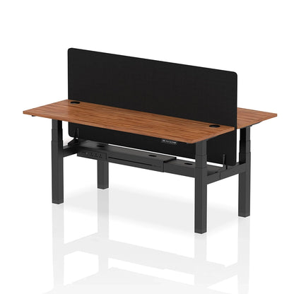 Air Back-to-Back Slimline Height Adjustable Bench Desk - 2 Person with cable ports and black straight screen W1800m walnut top with black frame
