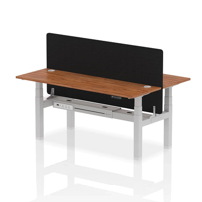 Air Back-to-Back Slimline Height Adjustable Bench Desk - 2 Person with cable ports and black straight screen W1800m walnut top with silver frame