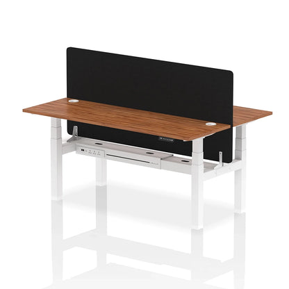 Air Back-to-Back Slimline Height Adjustable Bench Desk - 2 Person with cable ports and black straight screen W1800m walnut top with white frame