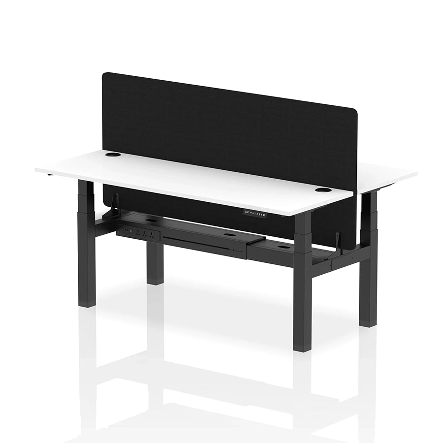 Air Back-to-Back Slimline Height Adjustable Bench Desk - 2 Person with cable ports and black straight screen W1800m white top with black frame