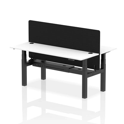 Air Back-to-Back Slimline Height Adjustable Bench Desk - 2 Person with cable ports and black straight screen W1800m white top with black frame