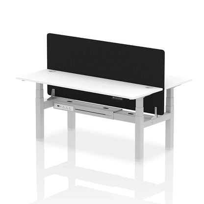 Air Back-to-Back Slimline Height Adjustable Bench Desk - 2 Person with cable ports and black straight screen W1800m white top with silver frame