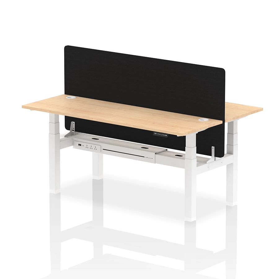 Air Back-to-Back Slimline Height Adjustable Bench Desk - 2 Person with cable ports and black straight screen W1800mm maple top with white frame