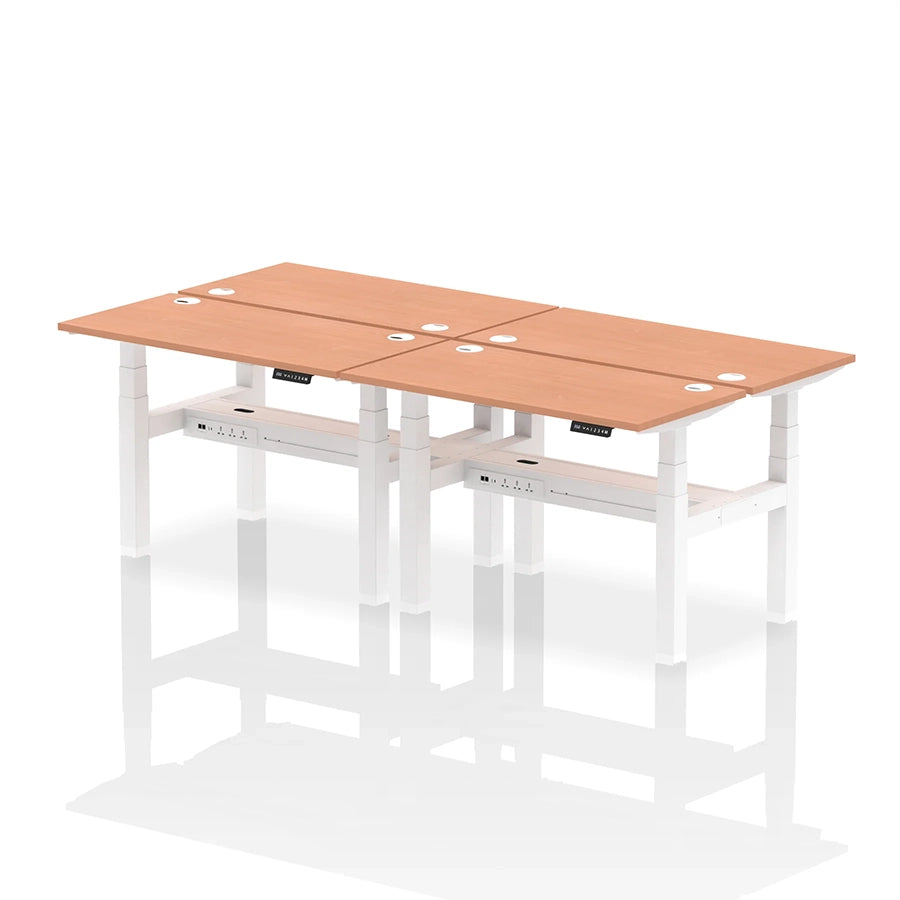 Air Back-to-Back Slimline Height Adjustable Bench Desk - 4 Person with cable ports W1200mm beech top with white frame