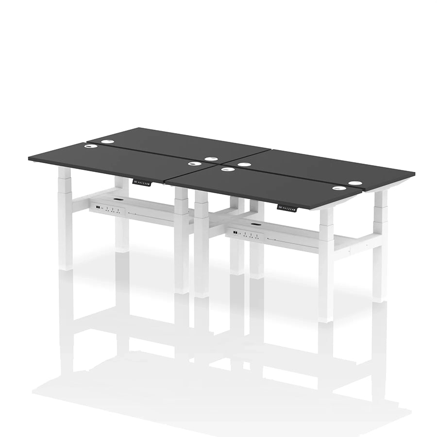 Air Back-to-Back Slimline Height Adjustable Bench Desk - 4 Person with cable ports W1200mm black top with white frame