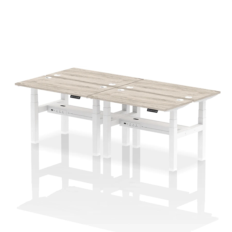 Air Back-to-Back Slimline Height Adjustable Bench Desk - 4 Person with cable ports W1200mm grey oak top with white frame
