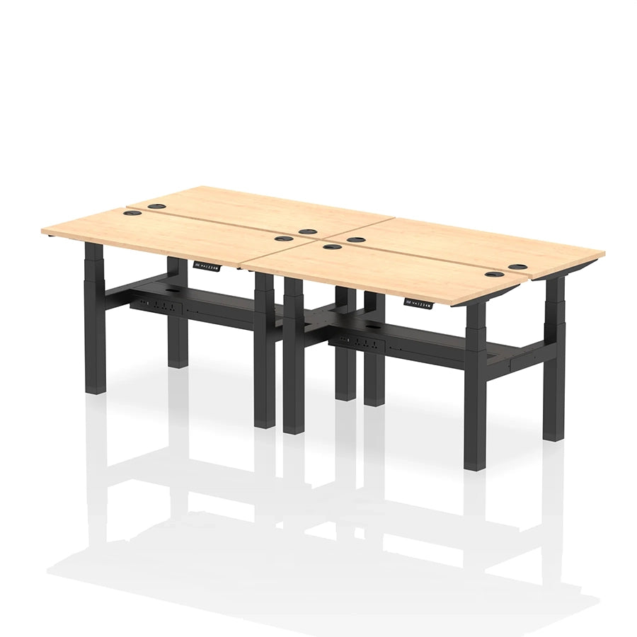 Air Back-to-Back Slimline Height Adjustable Bench Desk - 4 Person with cable ports W1200mm maple top with black frame