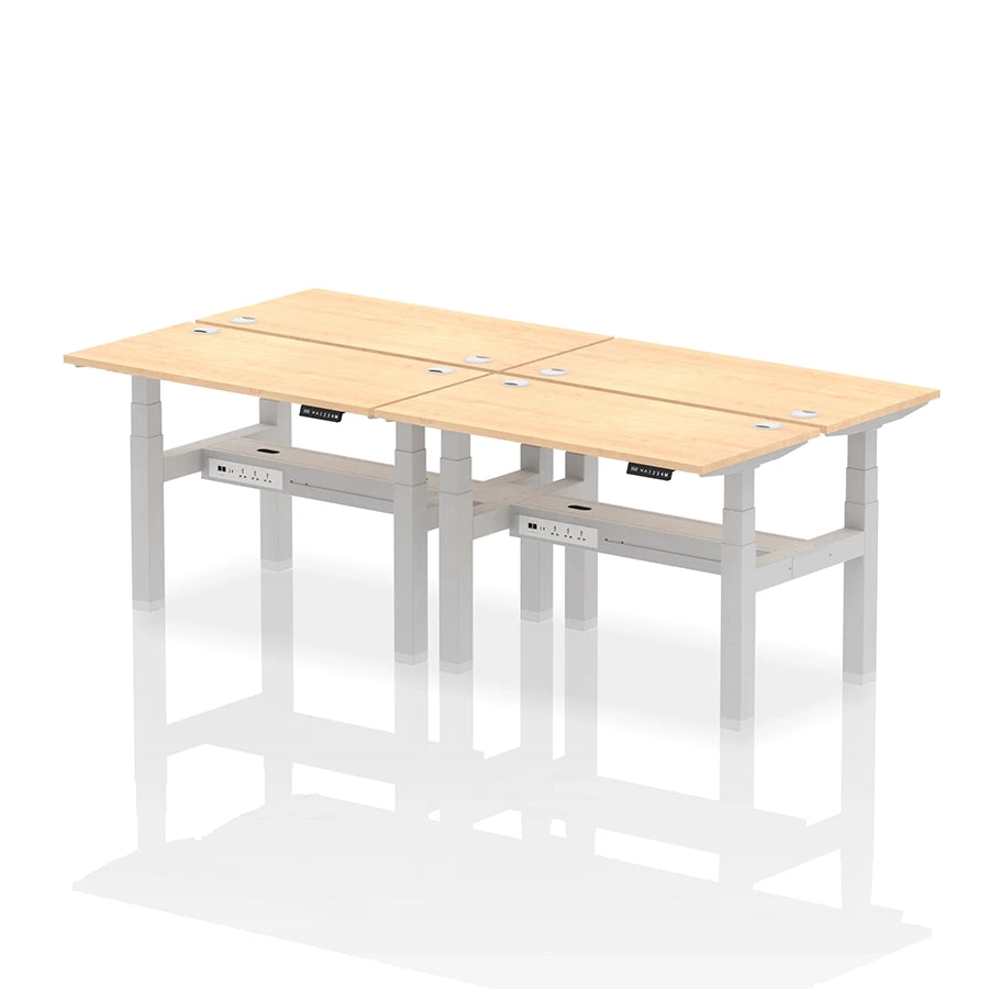 Air Back-to-Back Slimline Height Adjustable Bench Desk - 4 Person with cable ports W1200mm maple top with silver frame