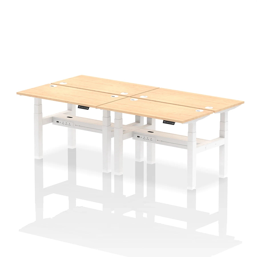 Air Back-to-Back Slimline Height Adjustable Bench Desk - 4 Person with cable ports W1200mm maple top with white frame