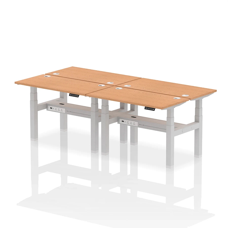 Air Back-to-Back Slimline Height Adjustable Bench Desk - 4 Person with cable ports W1200mm oak top with silver frame