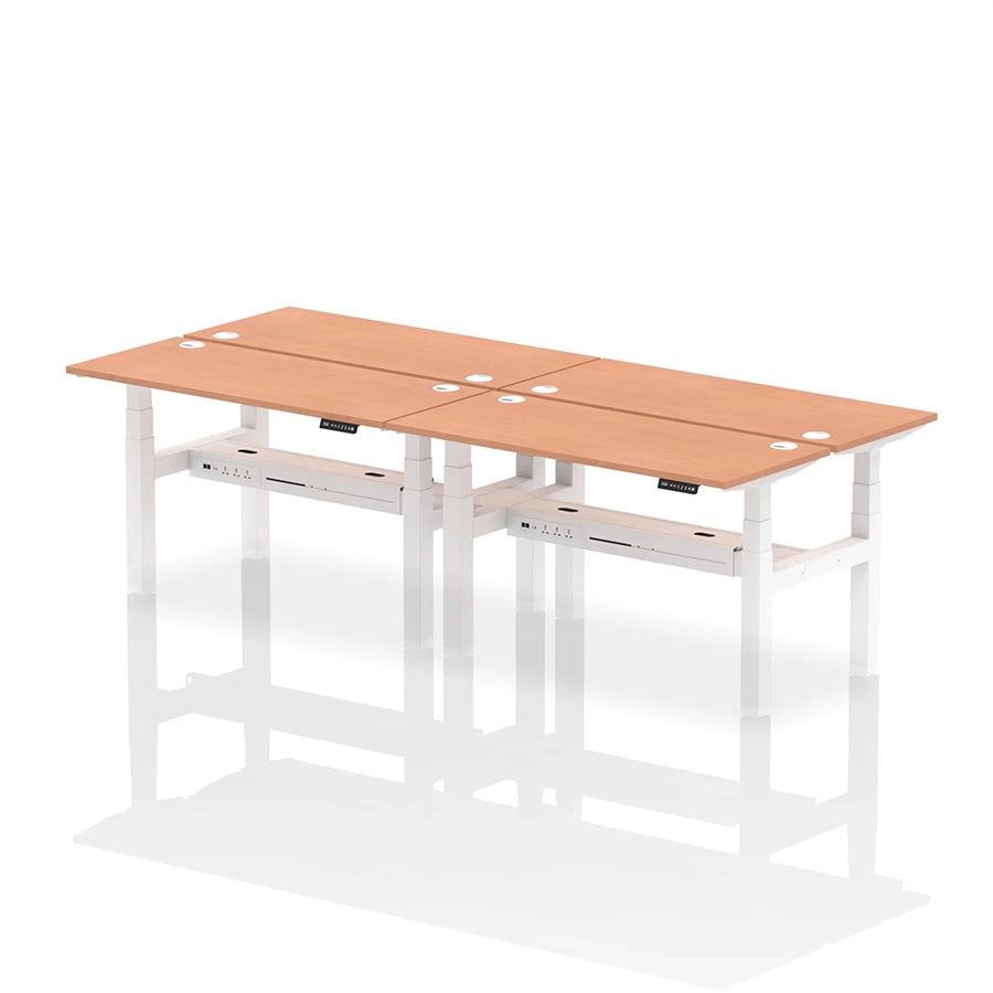 Air Back-to-Back Slimline Height Adjustable Bench Desk - 4 Person with cable ports W1400mm beech top with white frame