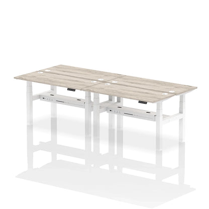 Air Back-to-Back Slimline Height Adjustable Bench Desk - 4 Person with cable ports W1400mm grey oak top with white frame