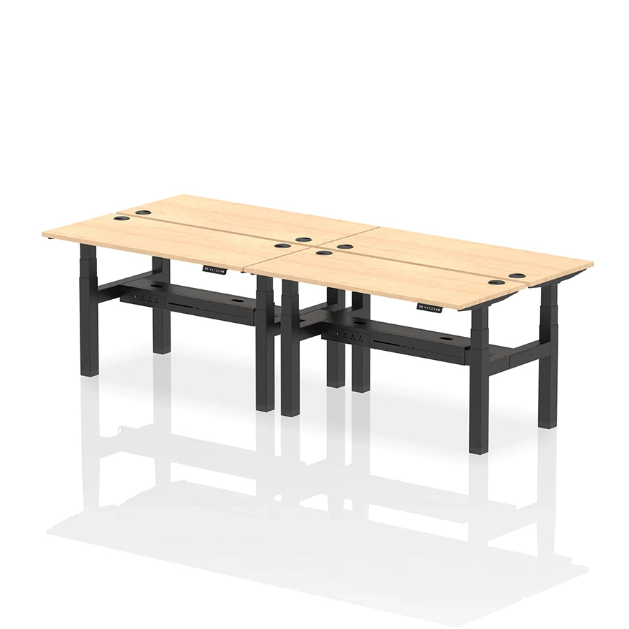 Air Back-to-Back Slimline Height Adjustable Bench Desk - 4 Person with cable ports W1400mm maple top with black frame
