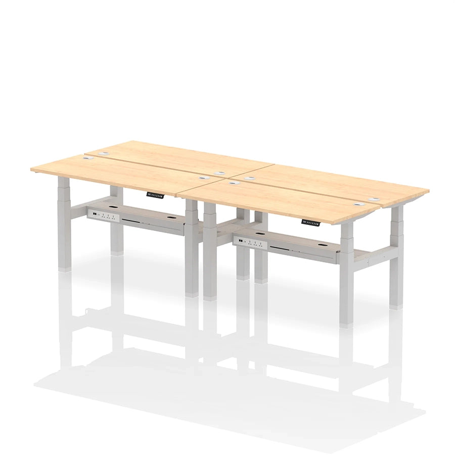 Air Back-to-Back Slimline Height Adjustable Bench Desk - 4 Person with cable ports W1400mm maple top with silver frame