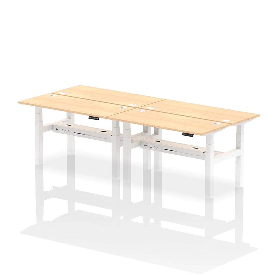 Air Back-to-Back Slimline Height Adjustable Bench Desk - 4 Person with cable ports W1400mm maple top with white frame 
