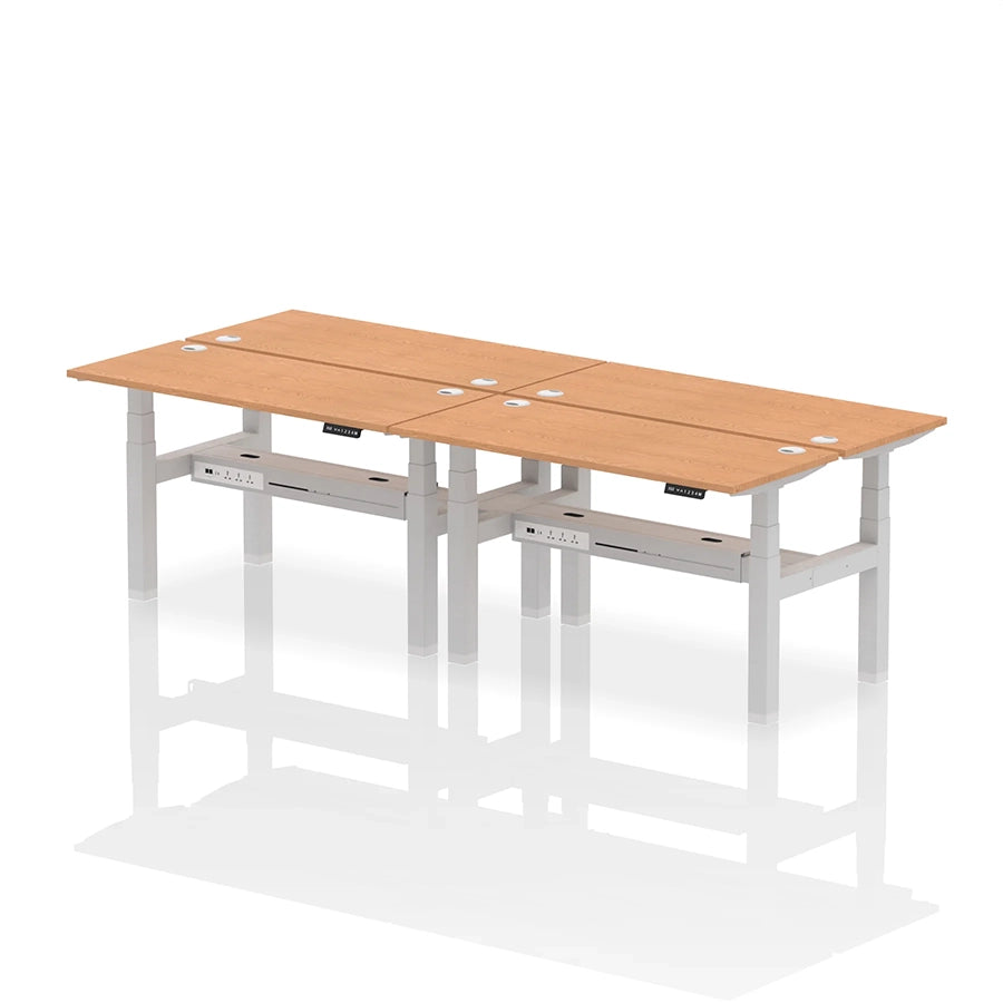 Air Back-to-Back Slimline Height Adjustable Bench Desk - 4 Person with cable ports W1400mm oak top with silver frame