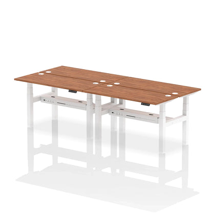 Air Back-to-Back Slimline Height Adjustable Bench Desk - 4 Person with cable ports W1400mm walnut top with white frame