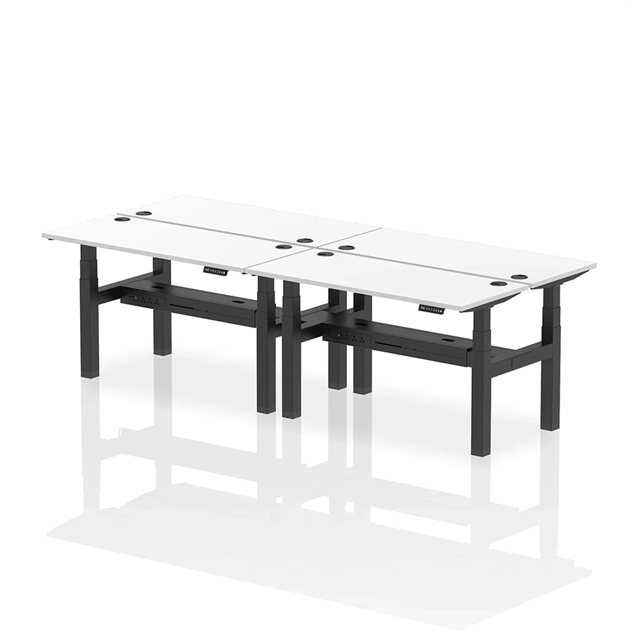 Air Back-to-Back Slimline Height Adjustable Bench Desk - 4 Person with cable ports W1400mm white top with black frame