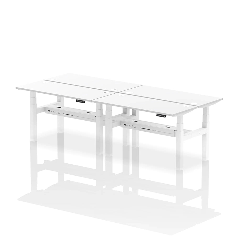 Air Back-to-Back Slimline Height Adjustable Bench Desk - 4 Person with cable ports W1400mm white top with white frame