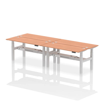 Air Back-to-Back Slimline Height Adjustable Bench Desk - 4 Person with cable ports W1600mm beech top with silver frame