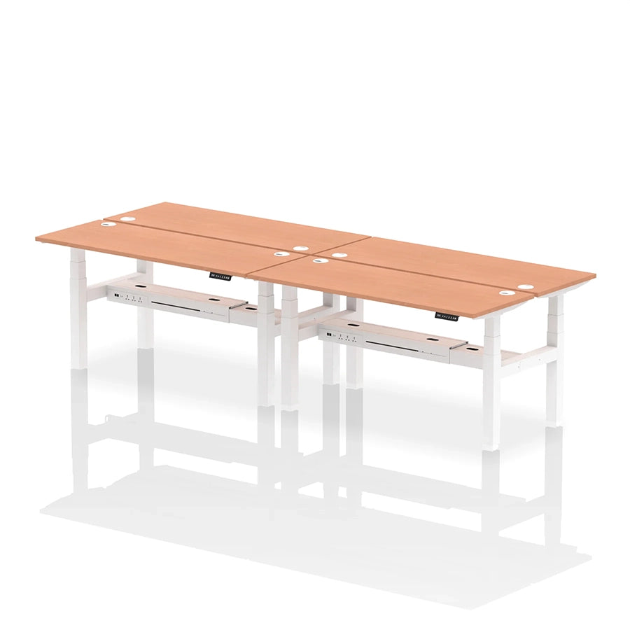 Air Back-to-Back Slimline Height Adjustable Bench Desk - 4 Person with cable ports W1600mm beech top with white frame