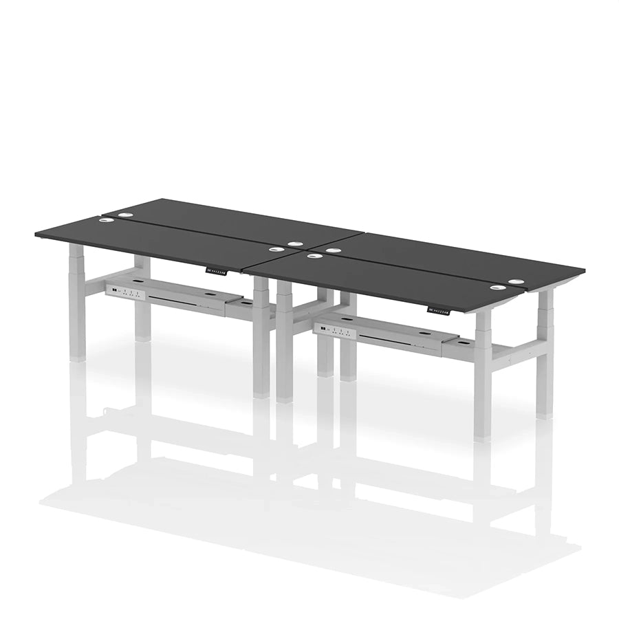 Air Back-to-Back Slimline Height Adjustable Bench Desk - 4 Person with cable ports W1600mm black top with silver frame