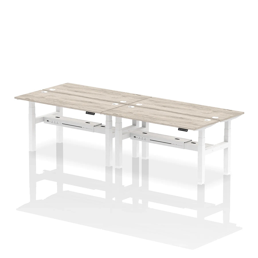 Air Back-to-Back Slimline Height Adjustable Bench Desk - 4 Person with cable ports W1600mm grey oak top with white frame