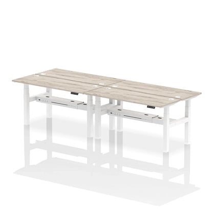 Air Back-to-Back Slimline Height Adjustable Bench Desk - 4 Person with cable ports W1600mm grey oak top with white frame