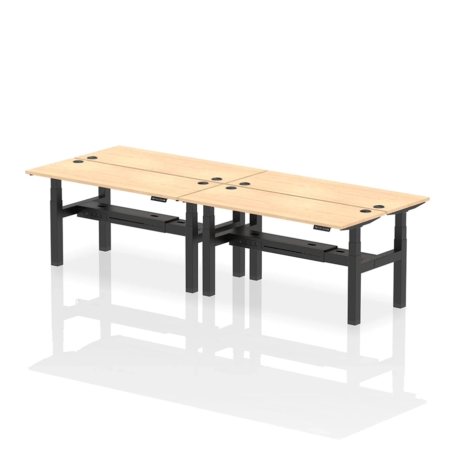 Air Back-to-Back Slimline Height Adjustable Bench Desk - 4 Person with cable ports W1600mm maple top with black frame