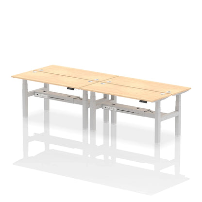 Air Back-to-Back Slimline Height Adjustable Bench Desk - 4 Person with cable ports W1600mm maple top with silver frame