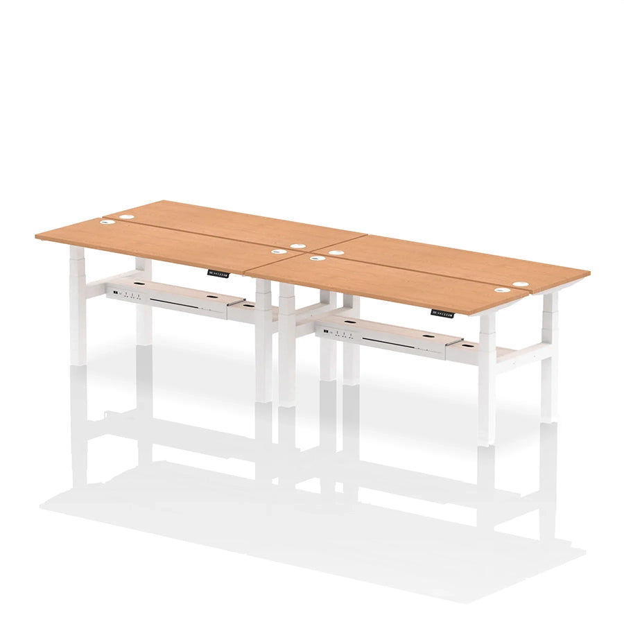 Air Back-to-Back Slimline Height Adjustable Bench Desk - 4 Person with cable ports W1600mm oak top with white frame