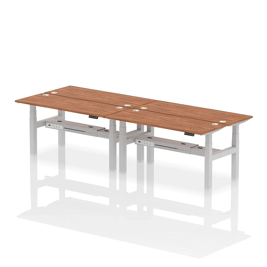 Air Back-to-Back Slimline Height Adjustable Bench Desk - 4 Person with cable ports W1600mm walnut top with silver frame