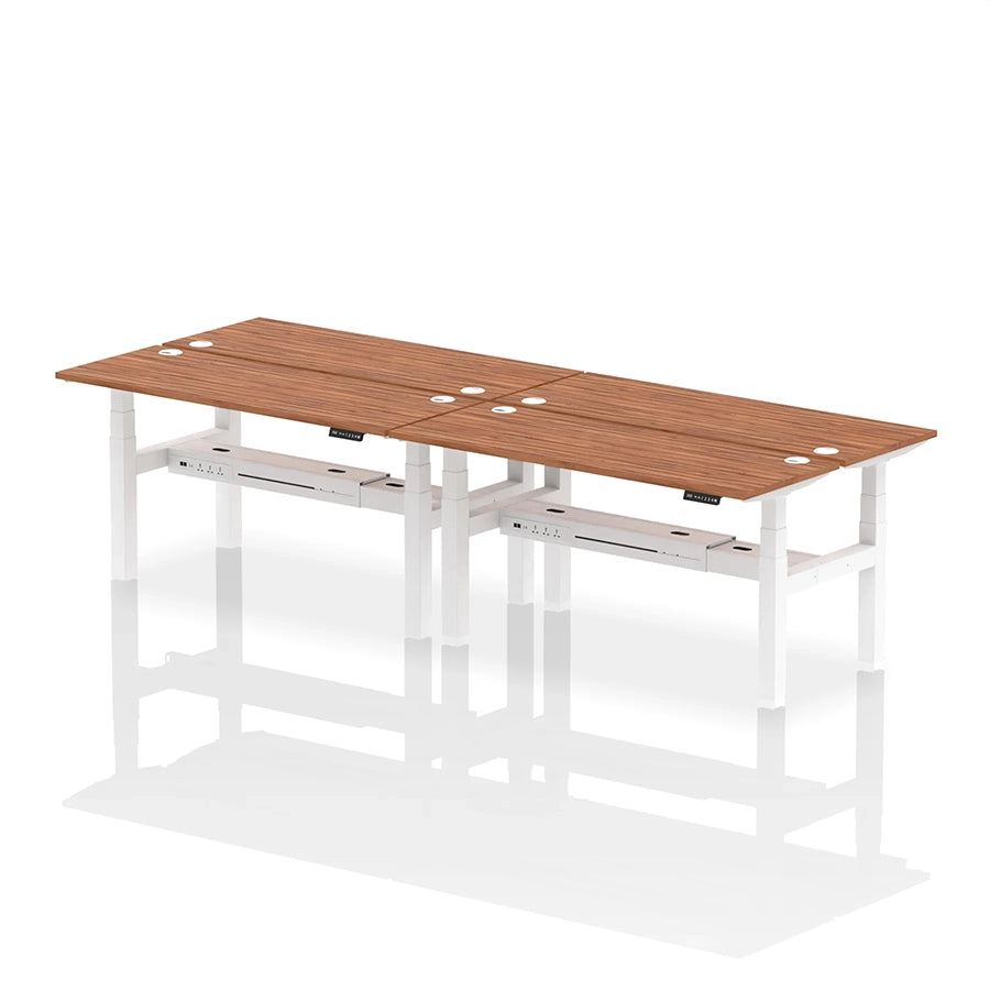 Air Back-to-Back Slimline Height Adjustable Bench Desk - 4 Person with cable ports W1600mm walnut top with white frame