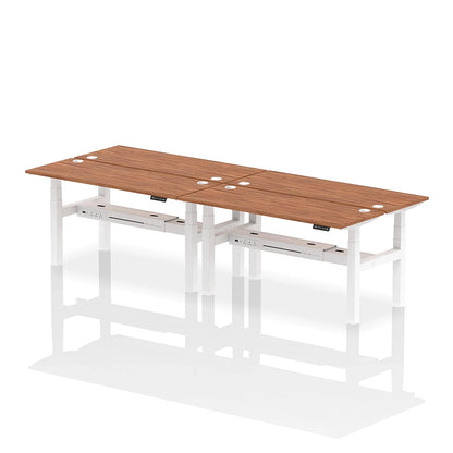 Air Back-to-Back Slimline Height Adjustable Bench Desk - 4 Person with cable ports W1600mm walnut top with white frame