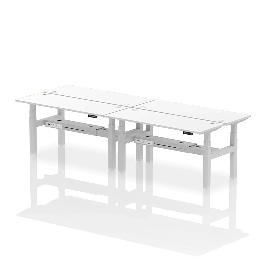 Air Back-to-Back Slimline Height Adjustable Bench Desk - 4 Person with cable ports W1600mm white top with silver frame
