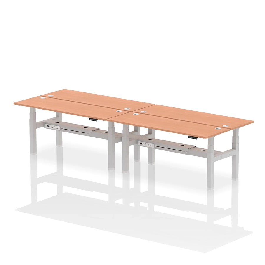 Air Back-to-Back Slimline Height Adjustable Bench Desk - 4 Person with cable ports W1800mm beech top with silver frame