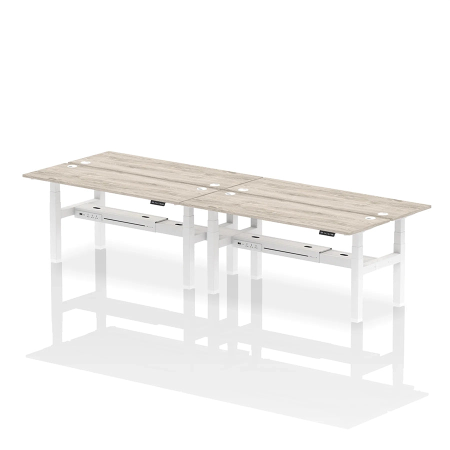 Air Back-to-Back Slimline Height Adjustable Bench Desk - 4 Person with cable ports W1800mm grey oak top with white frame