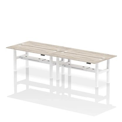 Air Back-to-Back Slimline Height Adjustable Bench Desk - 4 Person with cable ports W1800mm grey oak top with white frame