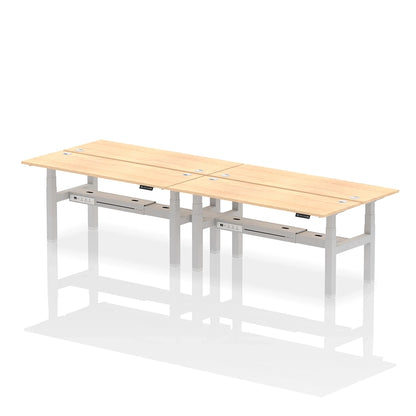 Air Back-to-Back Slimline Height Adjustable Bench Desk - 4 Person with cable ports W1800mm maple top with silver frame