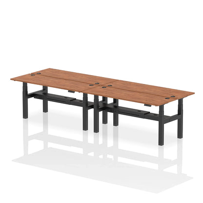 Air Back-to-Back Slimline Height Adjustable Bench Desk - 4 Person with cable ports W1800mm walnut top with black frame