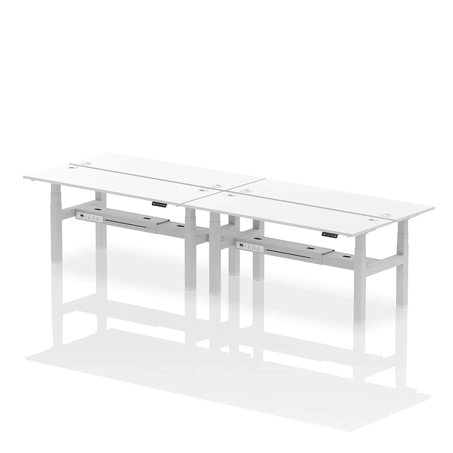 Air Back-to-Back Slimline Height Adjustable Bench Desk - 4 Person with cable ports W1800mm white top with silver frame