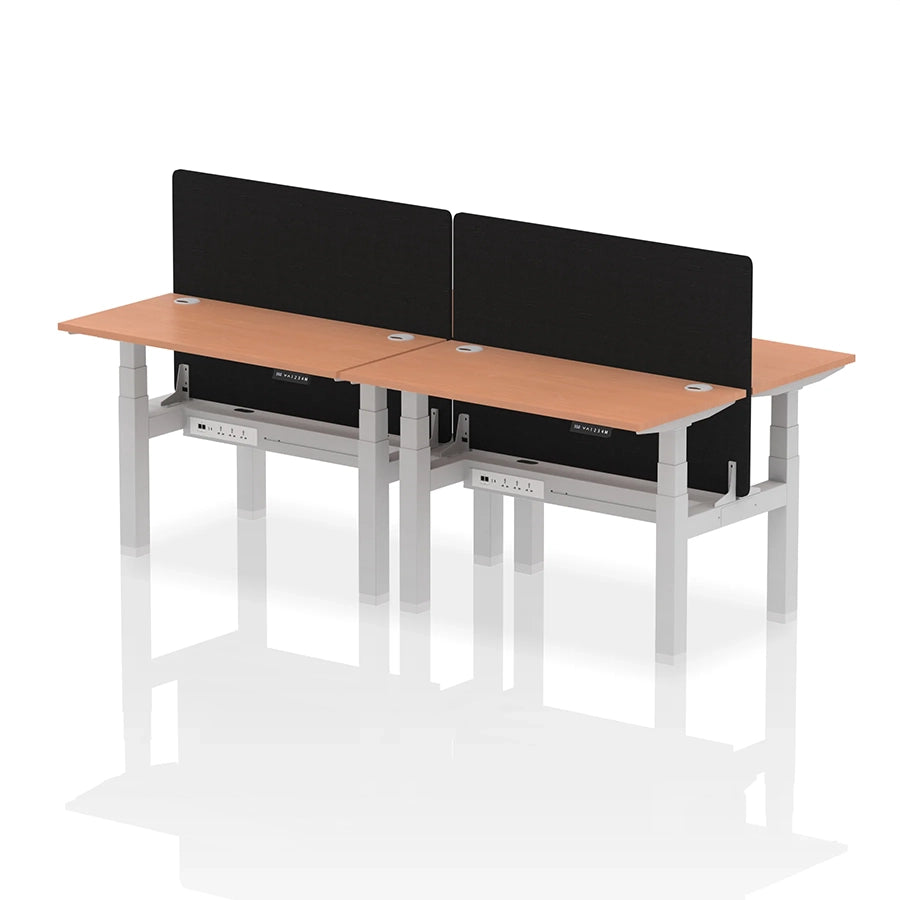 Air Back-to-Back Slimline Height Adjustable Bench Desk - 4 Person with cable ports and black straight screen W1200mm beech top with silver frame