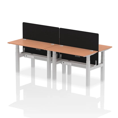 Air Back-to-Back Slimline Height Adjustable Bench Desk - 4 Person with cable ports and black straight screen W1200mm beech top with silver frame