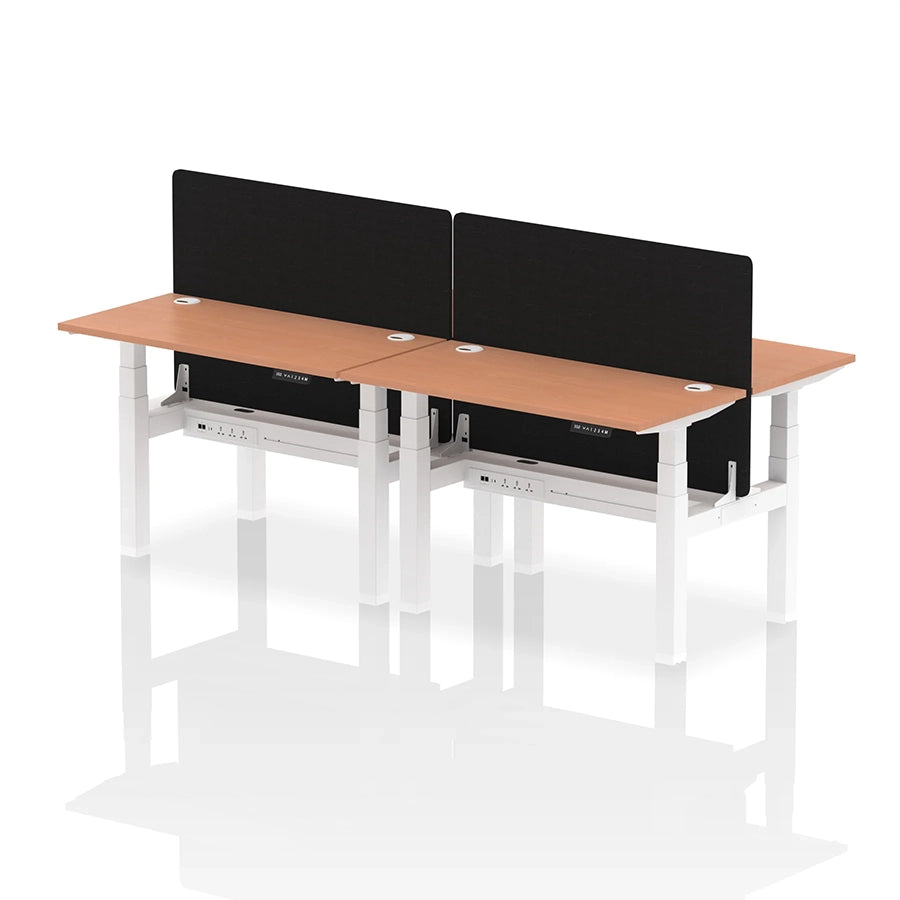 Air Back-to-Back Slimline Height Adjustable Bench Desk - 4 Person with cable ports and black straight screen W1200mm beech top with white frame
