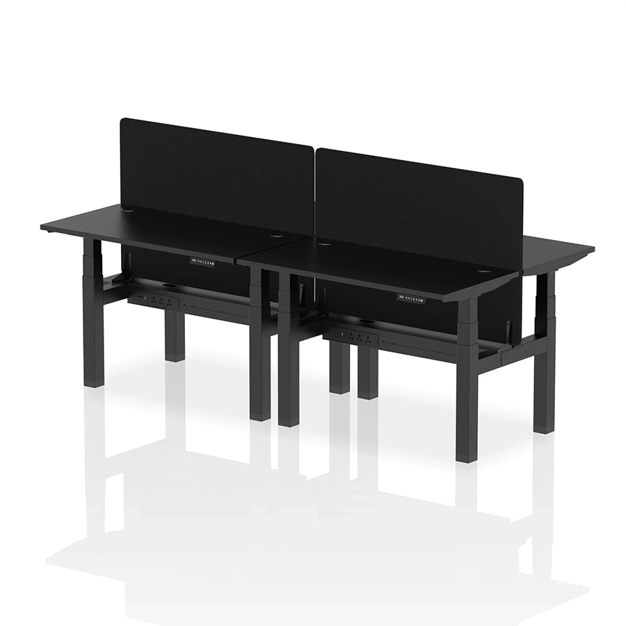 Air Back-to-Back Slimline Height Adjustable Bench Desk - 4 Person with cable ports and black straight screen W1200mm black top with black frame