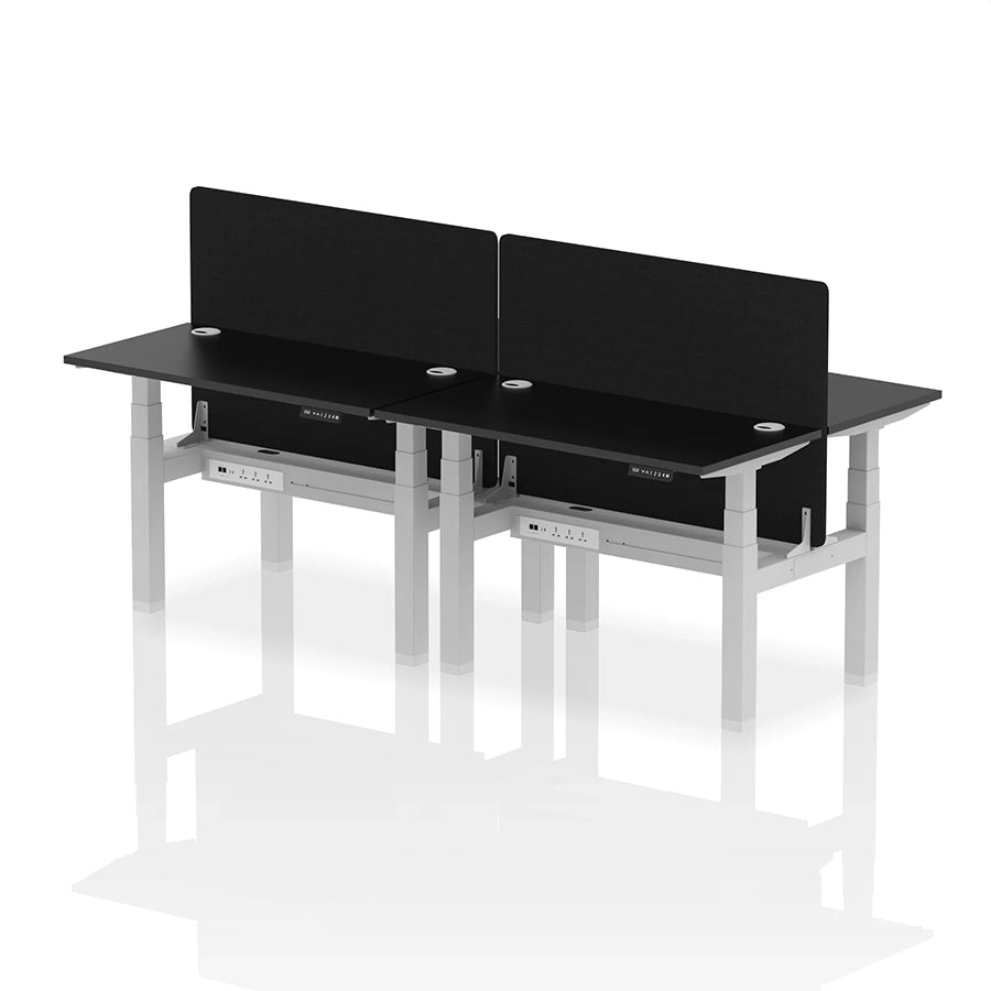 Air Back-to-Back Slimline Height Adjustable Bench Desk - 4 Person with cable ports and black straight screen W1200mm black top with silver frame