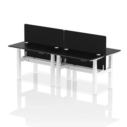 Air Back-to-Back Slimline Height Adjustable Bench Desk - 4 Person with cable ports and black straight screen W1200mm black top with white frame