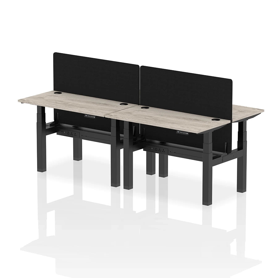 Air Back-to-Back Slimline Height Adjustable Bench Desk - 4 Person with cable ports and black straight screen W1200mm grey oak top with black frame